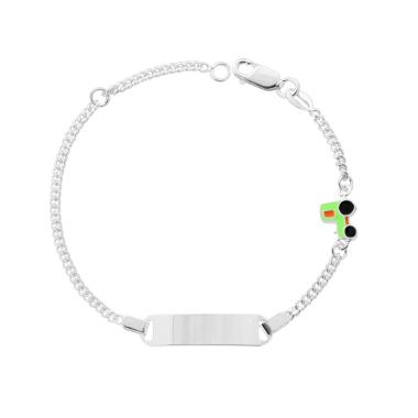 Bracciale Bimbo Bimba Catena Grumetta Diamantata con Targa Rettangolare e Trattore Smalto Arancione e Verde in ARGENTO 925