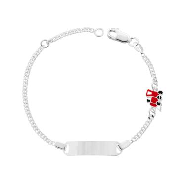 Bracciale Bimbo Bimba Catena Grumetta Diamantata con Targa Rettangolare e Trenino Smalto Rosso in ARGENTO 925