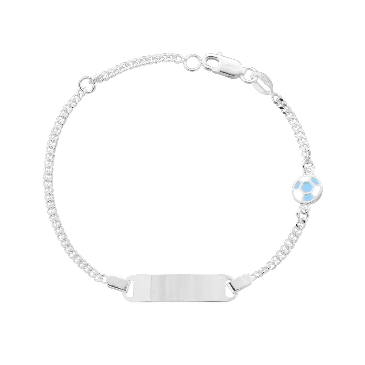 Bracciale Bimbo Bimba Catena Grumetta Diamantata con Targa Rettangolare e Palla Calcio Smalto Azzurro e Bianco in ARGENTO 925