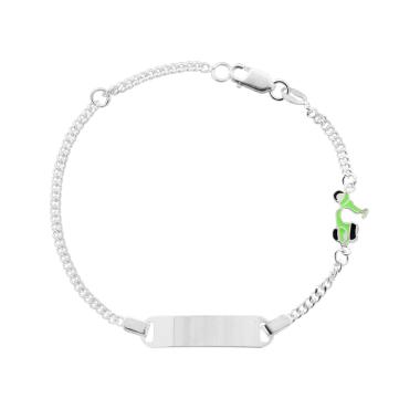 Bracciale Bimbo Bimba Catena Grumetta Diamantata con Targa Rettangolare e Vespa Smalto Verde in ARGENTO 925