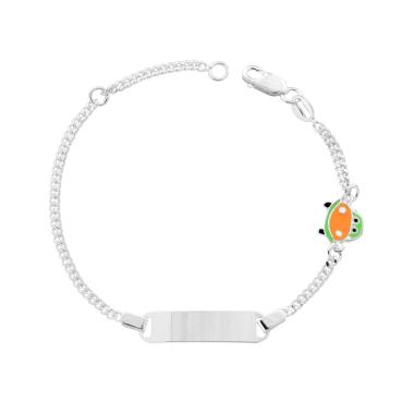 Bracciale Bimbo Bimba Catena Grumetta Diamantata con Targa Rettangolare e Automobile Smalto Arancione e Verde in ARGENTO 925