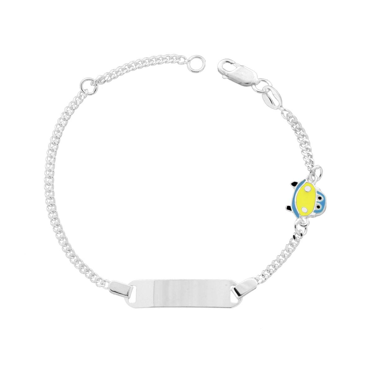 Bracciale Bimbo Bimba Catena Grumetta Diamantata con Targa Rettangolare e Automobile Smalto Azzurro e Giallo in ARGENTO 925