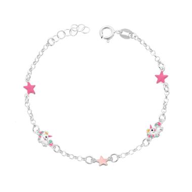 Bracciale Bimbo Bimba Catena Rolo Diamantata Unicorno e Stelle con smalto Multicolor in ARGENTO 925