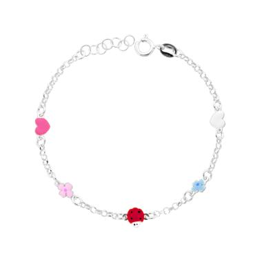 Bracciale Bimbo Bimba Catena Rolo Diamantata Coccinella Fiori e Cuori con smalto Multicolor in ARGENTO 925