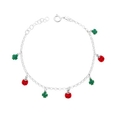 Bracciale Bimbo Bimba Catena Rolo Diamantata Coccinelle e Quadrifogli pendenti con smalto Rosso e Verde in ARGENTO 925