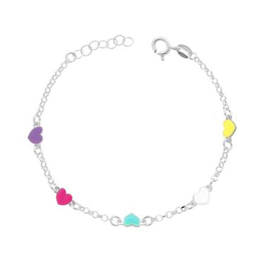 Bracciale Bimbo Bimba Catena Rolo Diamantata Cuori con smalto Multicolor in ARGENTO 925