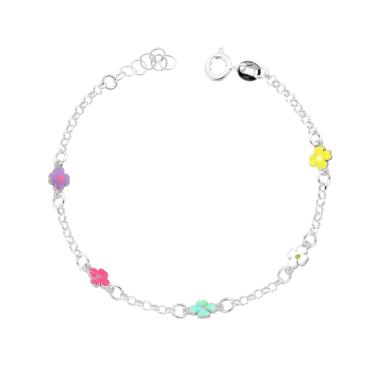 Bracciale Bimbo Bimba Catena Rolo Diamantata Fiori con smalto Multicolor in ARGENTO 925