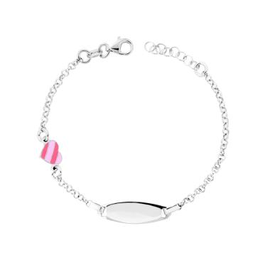 Bracciale Bimbo Bimba Catena Rolo con Targa Ovale e Cuore con Smalto Rosa in ARGENTO 925 Galvanica Rodio