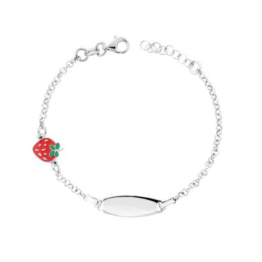 Bracciale Bimbo Bimba Catena Rolo con Targa Ovale e Fragola con Smalto Rosso in ARGENTO 925 Galvanica Rodio