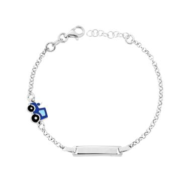 Bracciale Bimbo Bimba Catena Rolo con Targa Rettangolare e Trattore Smalto Blu in ARGENTO 925 Galvanica Rodio