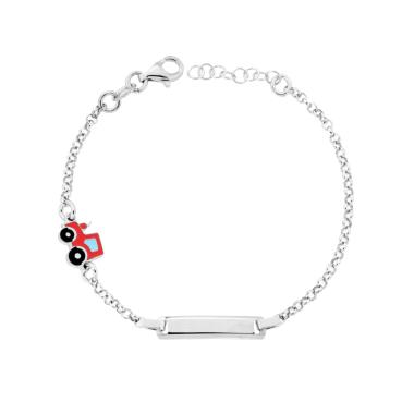 Bracciale Bimbo Bimba Catena Rolo con Targa Rettangolare e Trattore Smalto Rosso in ARGENTO 925 Galvanica Rodio