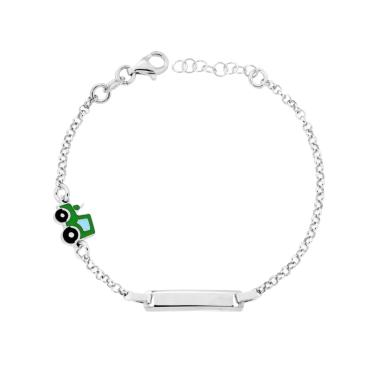 Bracciale Bimbo Bimba Catena Rolo con Targa Rettangolare e Trattore Smalto Verde in ARGENTO 925 Galvanica Rodio