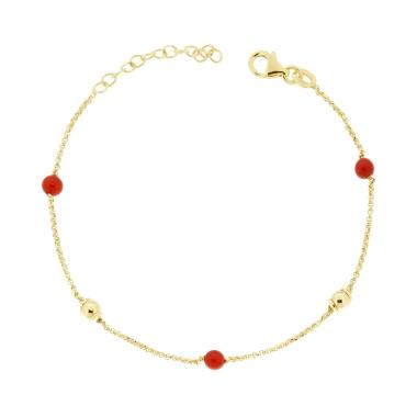 Bracciale catena Rolo Diamantata con Palline e Perle colore Corallo in ARGENTO 925 Galvanica Oro