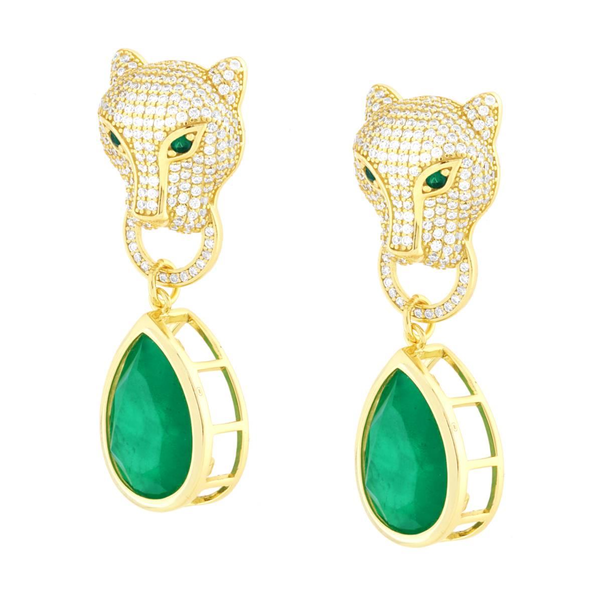 Orecchini Leone e Goccia Verde Smeraldo con Cubic Zirconia Bianchi in ARGENTO 925 Galvanica Oro