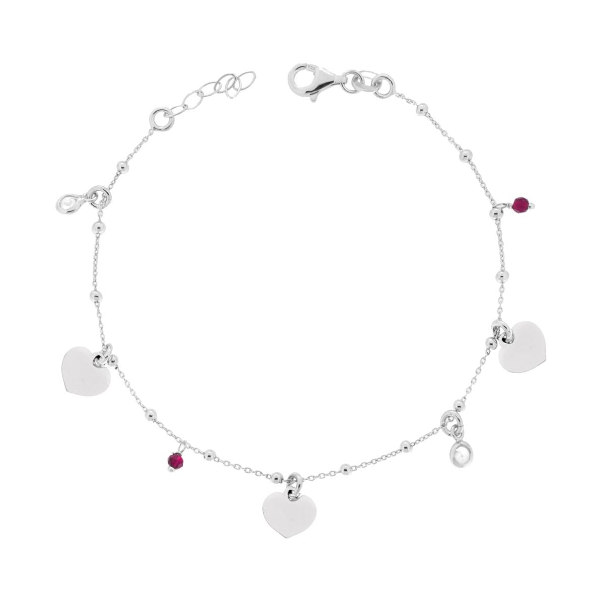 Bracciale Catena Forzatina con Cuori plain pendenti Crystal Rosso Rubino e Cubic Zirconia Bianchi in ARGENTO 925 Galvanica Rodio