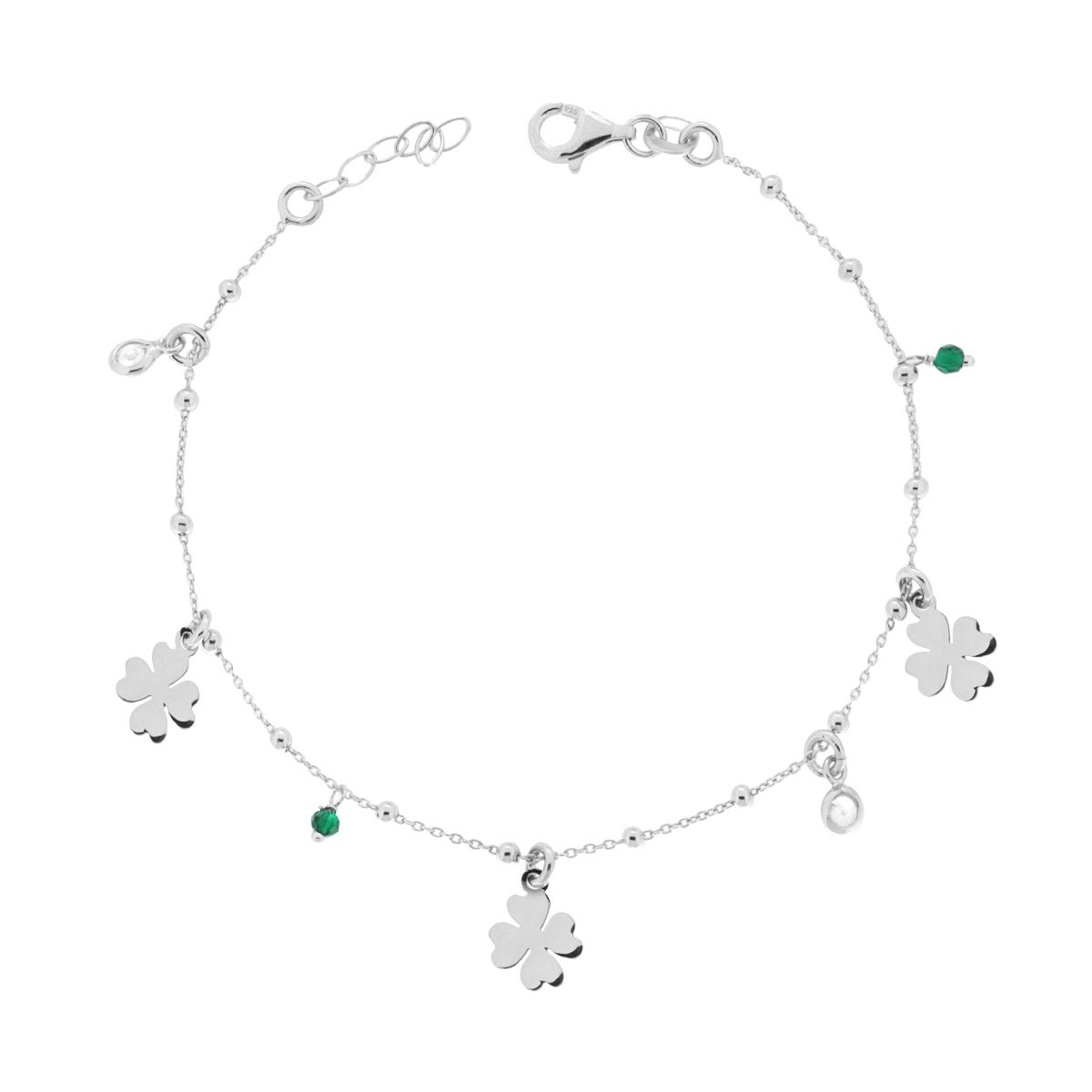 Bracciale Catena Forzatina con Quadrifogli plain pendenti Crystal Verde Smeraldo e Cubic Zirconia Bianchi in ARGENTO 925 Galvanica Rodio