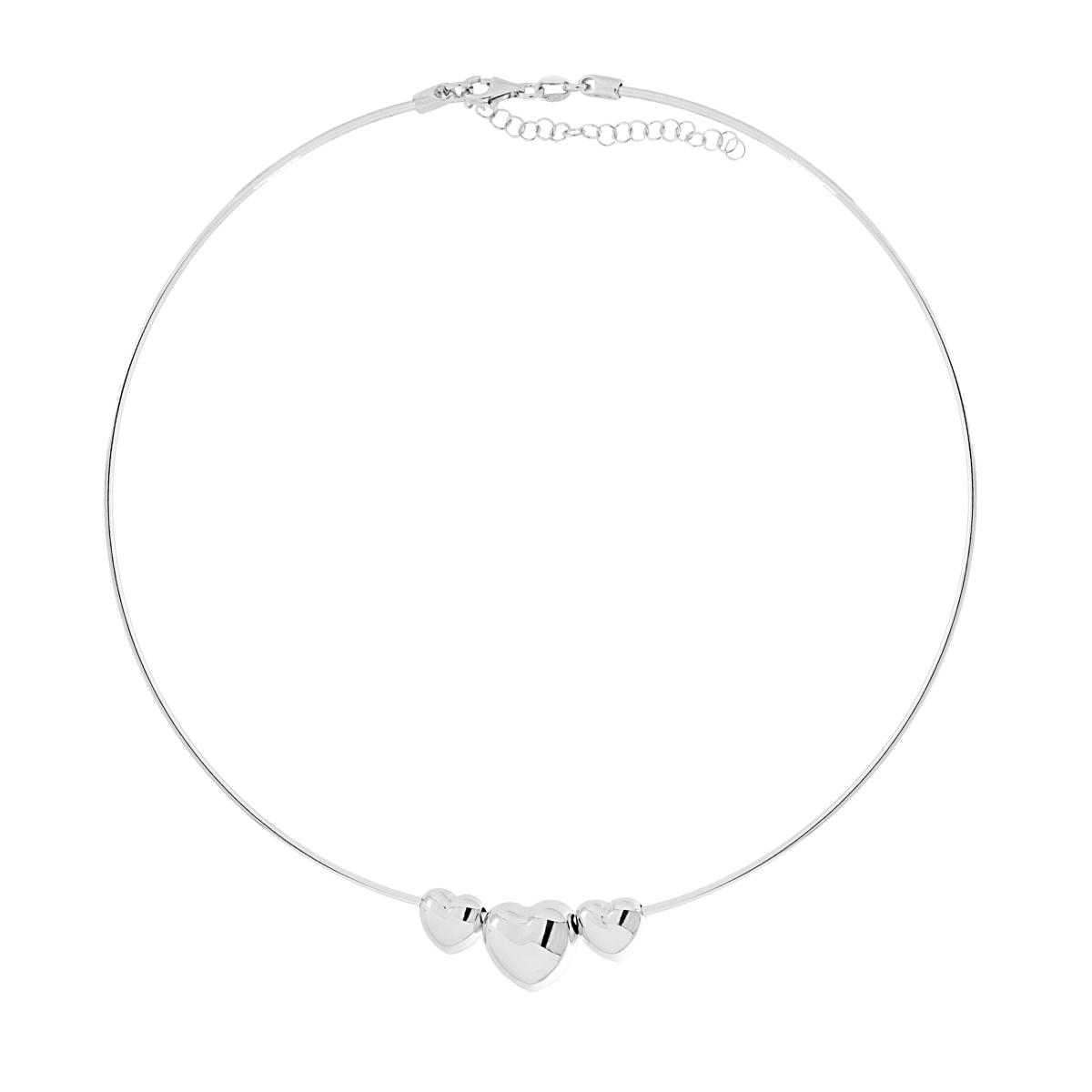 Collana Rigida Filo mm 1,5 con tre Cuori Bombati passanti in ARGENTO 925 Galvanica Rodio