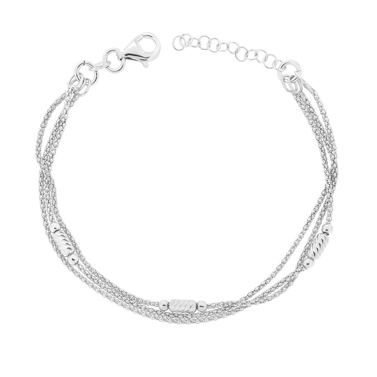 Bracciale tre fili Catena Coreana con Cilindretti Diamantati in ARGENTO 925 Galvanica Rodio