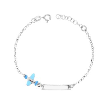 Bracciale Bimbo Bimba Catena Rolo con Targa Rettangolare e Aeroplano Smalto Azzurro in ARGENTO 925 Galvanica Rodio