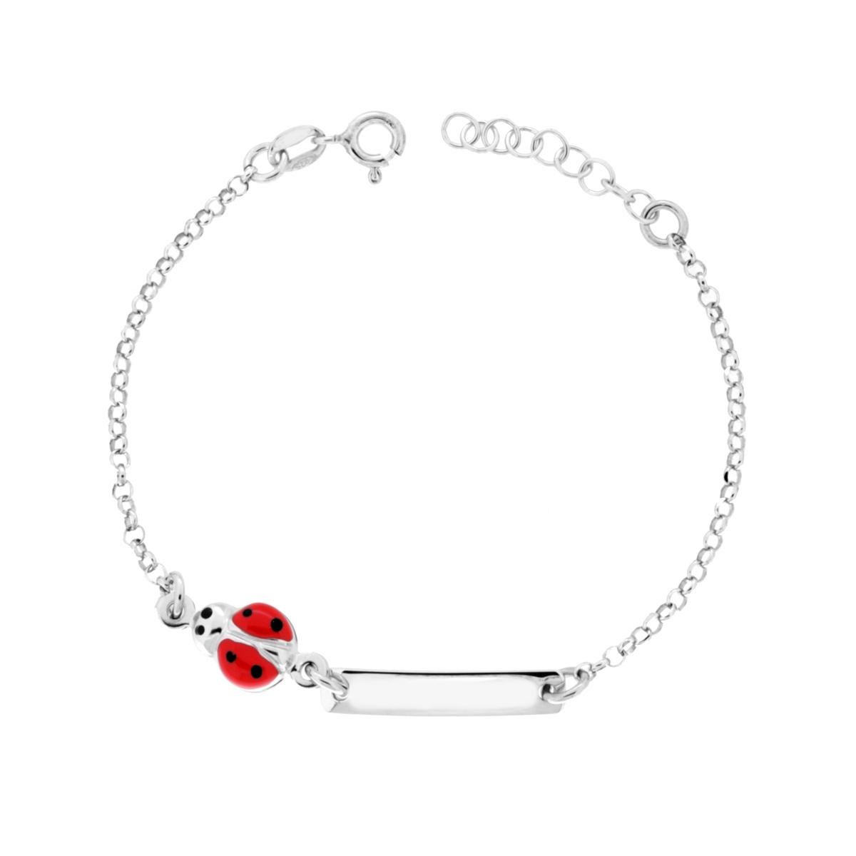 Bracciale Bimba Bimbo con Catena Rolo Diamantata Targa plain e Coccinella smalto Rosso in ARGENTO 925 Galvanica Rodio