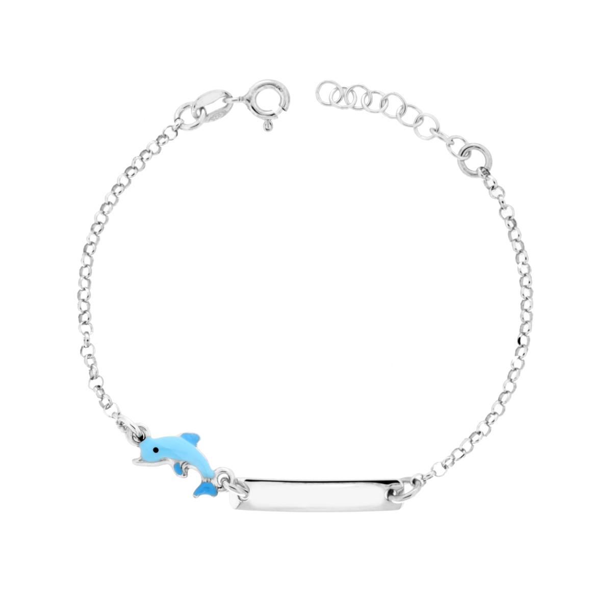 Bracciale Bimbo Bimba Catena Rolo Diamantata con Targa Rettangolare e Delfino smalto Azzurro in ARGENTO 925 Galvanica Rodio