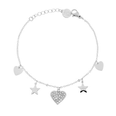 Bracciale Catena Forzatina con Cuori Stelle pendenti e Crystal Bianchi in ACCIAIO