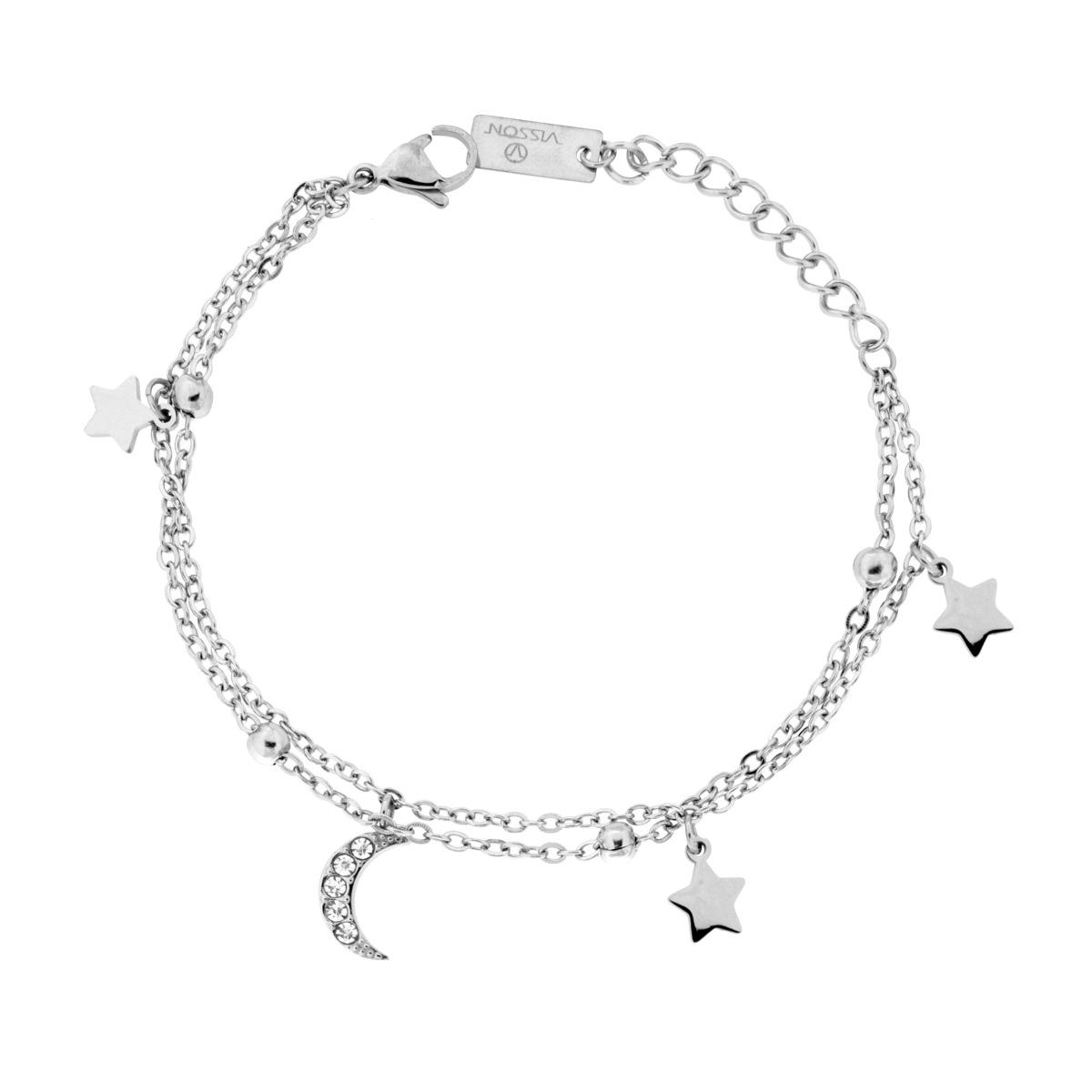 Bracciale due fili Catena Forzatina con Luna e Stelle pendenti con Crystal Bianchi in ACCIAIO