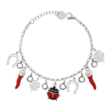 Bracciale Catena Rolo con Coccinella Corni Ferri di Cavallo Quadrifogli con Smalto Rosso e Crystal Bianchi in ACCIAIO