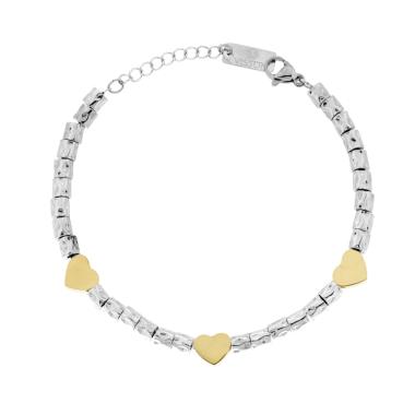 Bracciale Catena con Cilindri Martellati e Cuori colore Oro in ACCIAIO