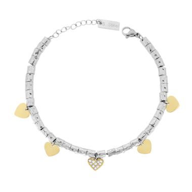 Bracciale Catena con Cilindri Martellati e Cuori colore Oro con Crystal Bianchi in ACCIAIO