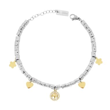 Bracciale Catena con Cilindri Martellati e Cuori Fiori e Albero della Vita colore Oro con Crystal Bianchi in ACCIAIO