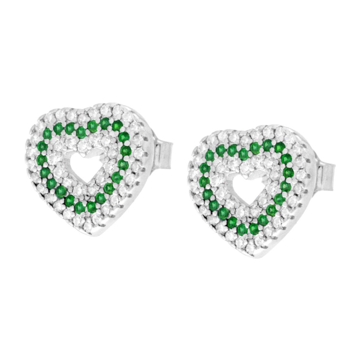 Orecchini Cuore con Cubic Zirconia Bianchi e Verde Smeraldo in ARGENTO 925 Galvanica Rodio