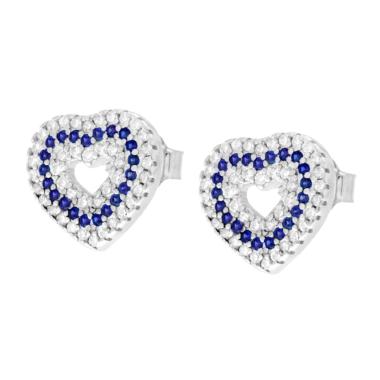 Orecchini Cuore con Cubic Zirconia Bianchi e Blu Zaffiro in ARGENTO 925 Galvanica Rodio