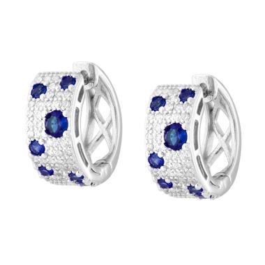 Orecchini Cerchio Scattino con Cubic Zirconia Bianchi e Blu Zaffiro in ARGENTO 925 Galvanica Rodio