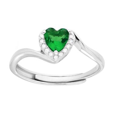 Anello Cuore Verde Smeraldo contornato da Cubic Zirconia Bianchi in ARGENTO 925 Galvanica Rodio