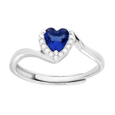 Anello Solitario Cuore Blu Zaffiro contornato da Cubic Zirconia Bianchi in ARGENTO 925 Galvanica Rodio