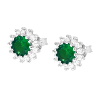 Orecchini Tondi Verde Smeraldo contornato da Cubic Zirconia Bianchi in ARGENTO 925 Galvanica Rodio