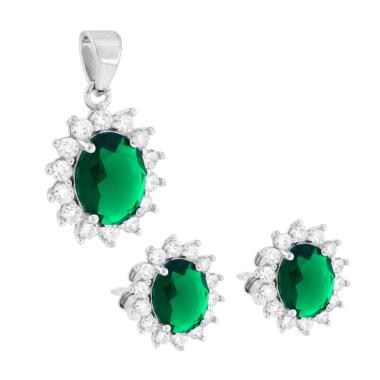 Parure Set Orecchini e Ciondolo Ovale Verde Smeraldo contornato da Cubic Zirconia Bianchi in ARGENTO 925 Galvanica Rodio