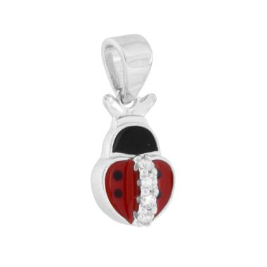 Ciondolo Coccinella Cuore con Smalto Rosso e Cubic Zirconia Bianchi in ARGENTO 925 Galvanica Rodio