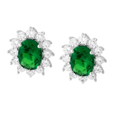 Orecchini Ovale Verde Smeraldo contornato da Cubic Zirconia Bianchi in ARGENTO 925 Galvanica Rodio