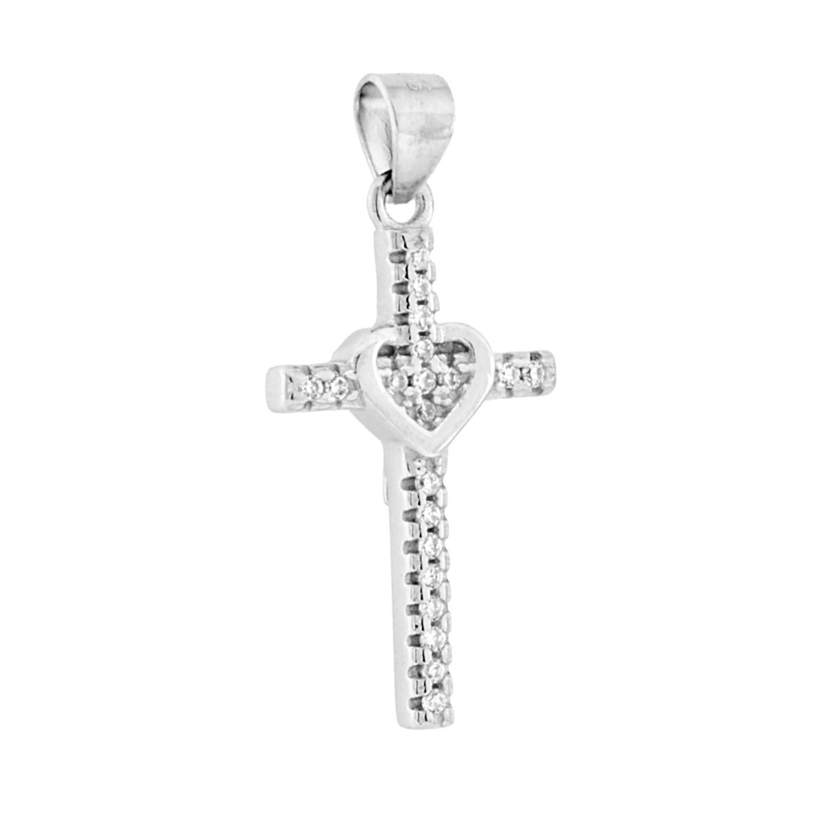 Ciondolo Croce Cuore Cubic Zirconia Bianchi in ARGENTO 925 Galvanica Rodio