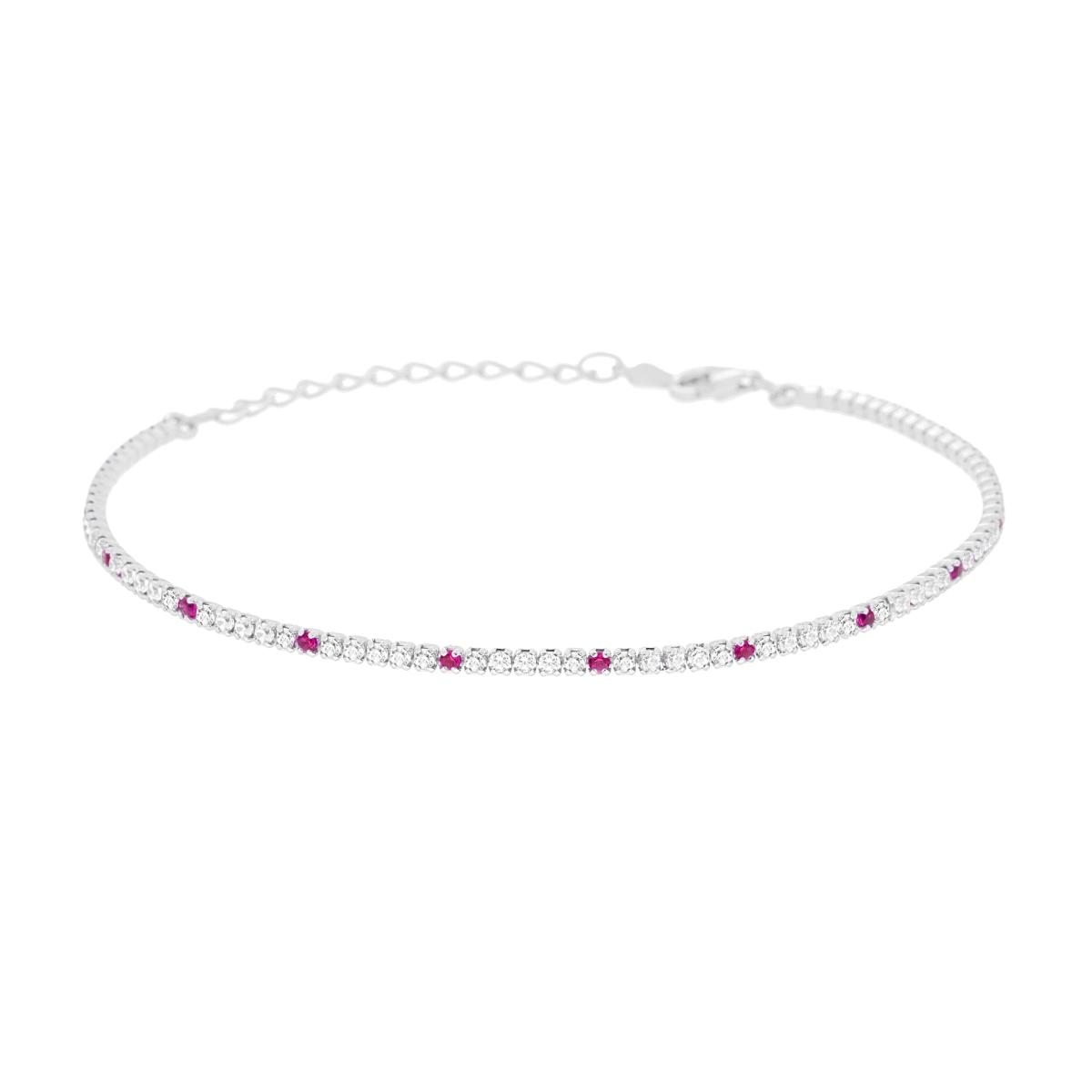 Bracciale Tennis cm 16+3 con Zirconi mm 1.5 alternati Bianchi e Rosso Rubino in ARGENTO 925 Galvanica Rodio