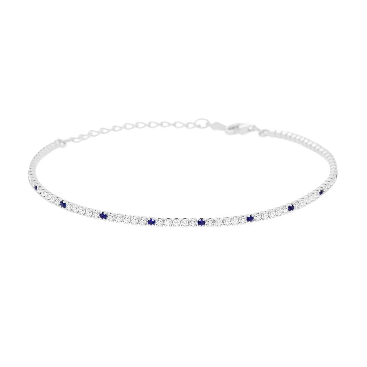 Bracciale Tennis cm 16+3 con Zirconi mm 1.5 alternati Bianchi e Blu Zaffiro in ARGENTO 925 Galvanica Rodio