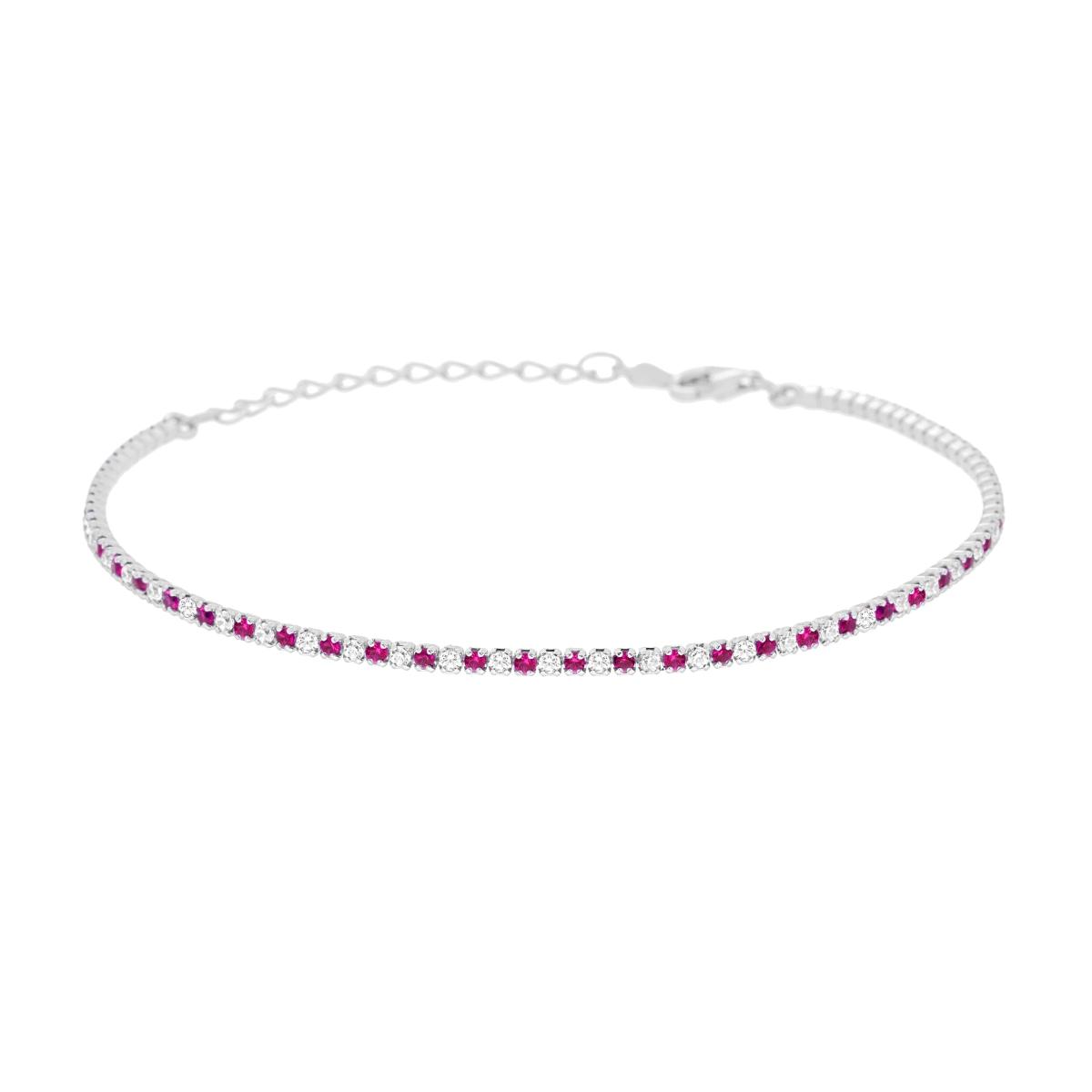Bracciale Tennis Griffe cm 16+3 con Zirconi mm 1.5 alternati Bianchi e Rosso Rubino in ARGENTO 925 Galvanica Rodio