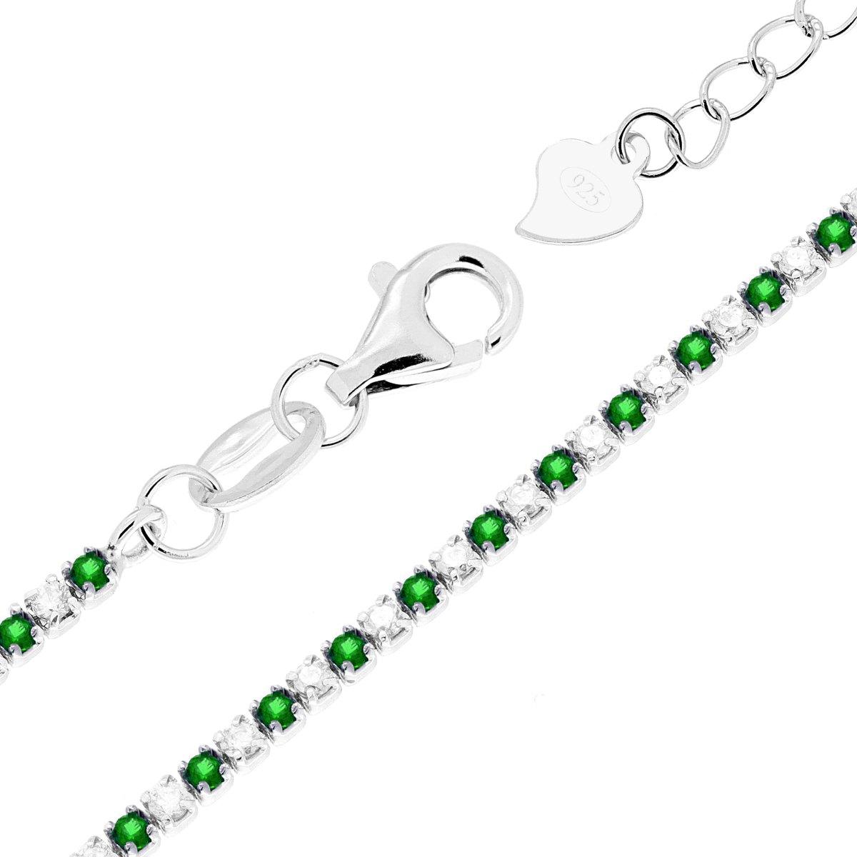 Bracciale Tennis cm 16+3 con Zirconi mm 1.5 alternati Bianchi e Verde Smeraldo in ARGENTO 925 Galvanica Rodio