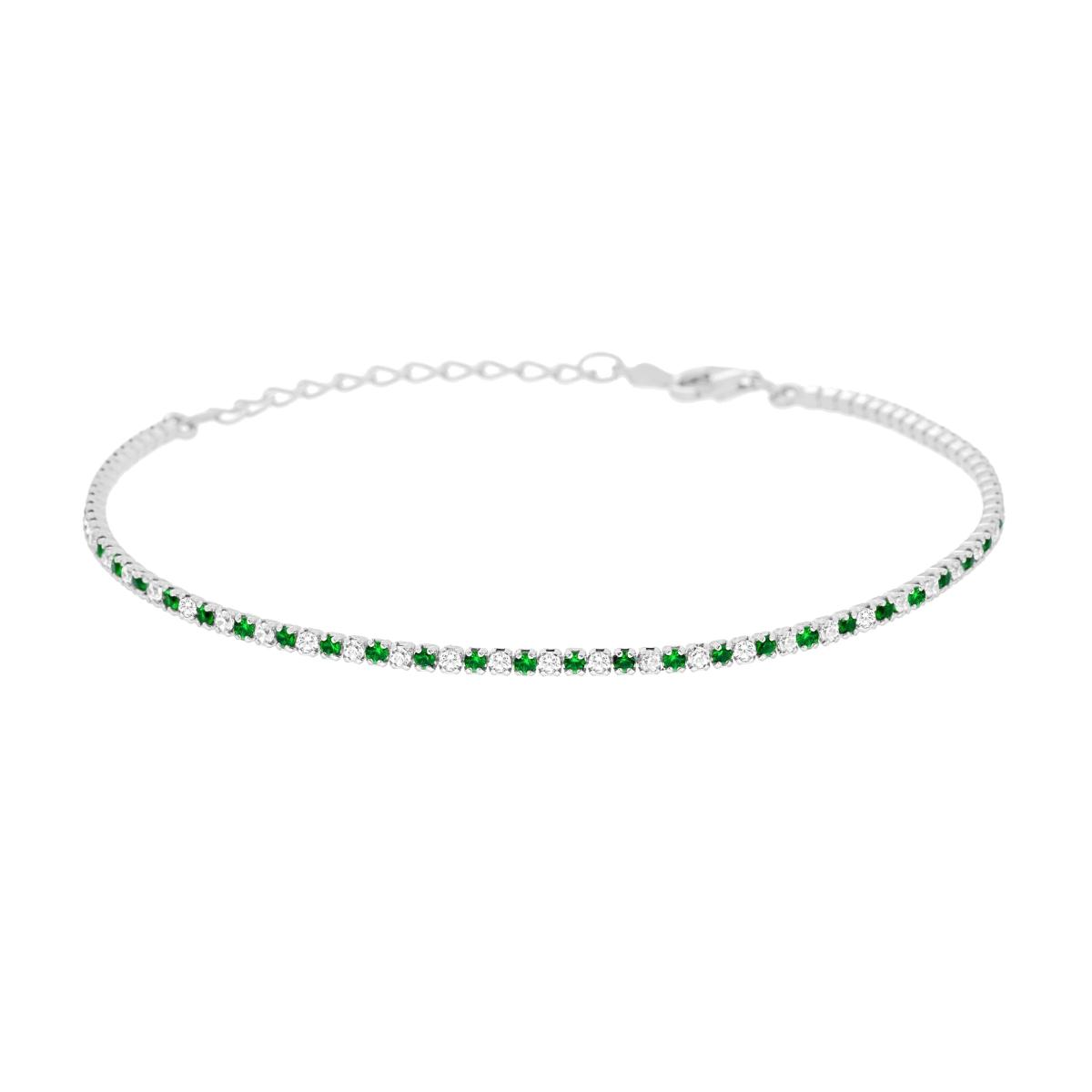 Bracciale Tennis cm 16+3 con Zirconi mm 1.5 alternati Bianchi e Verde Smeraldo in ARGENTO 925 Galvanica Rodio
