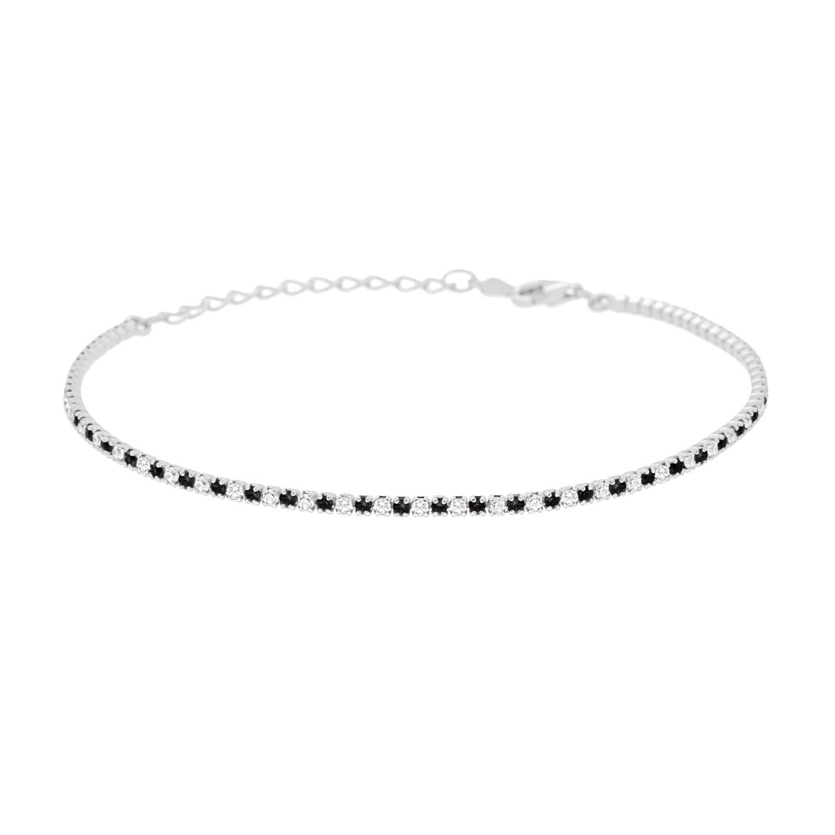 Bracciale Tennis cm 16+3 con Zirconi mm 1.5 alternati Bianchi e Nero in ARGENTO 925 Galvanica Rodio