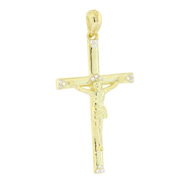 Ciondolo Croce con Cristo con Cubic Zirconia Bianchi in ARGENTO 925 Galvanica Oro