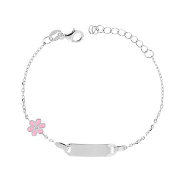 Bracciale Bimbo Bimba Targa Rettangolare con Catena Forzatina Diamantata e Fiore con Smalto Rosa in ARGENTO 925 Galvanica Rodio