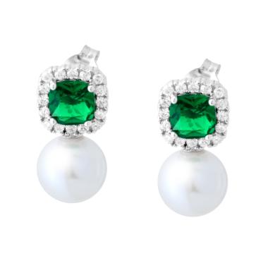 Orecchini Quadrati Verde Smeraldo contornato da Cubic Zirconia Bianchi e Perla Bianca in ARGENTO 925 Galvanica Rodio